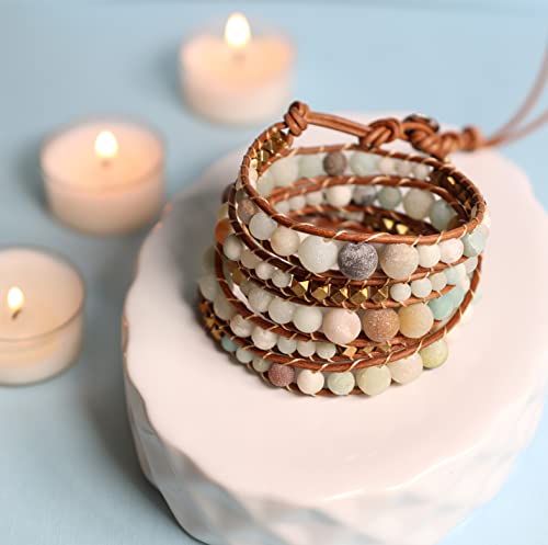 Boho Natural Stone Wrap Bracelet - Adjustable Leather