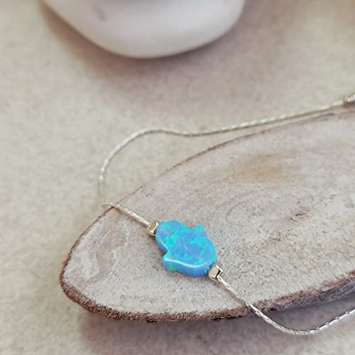 Sterling Silver Blue Opal Hamsa Charm Bracelet