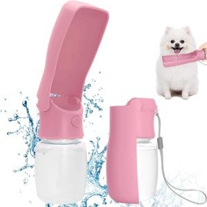 Dog Water Bottle Portable, Leak Proof Foldable Pet Water Dispenser for Dogs & Cats, 350ml Dog Water Bowl Drink Cup Summer Accessories for Outdoor Travel Walk Hinking (Pink)