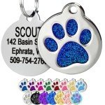 GoTags Paw Print Round Stainless Steel Pet Tag for Dogs and Cats, Personalized with 4 Lines of Custom Engraved ID Name and Number, in Stainless Steel and 15 Colors Small and Large, Glitter Blue
