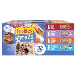 Purina Friskies Gravy Wet Cat Food Variety Pack, Savory Shreds With Beef, Turkey and Cheese Dinner, Chicken and Salmon Dinner, With Ocean Whitefish and Tuna - (Pack of 32) 5.5 oz. Cans