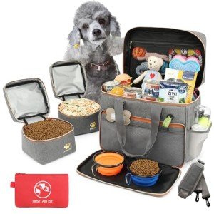 pmpete Dog Travel Bag for Traveling| Week Away/Overnight Dog Travel Accessories with Multi-Function Pockets|Pet Travel Set for Dog and Cat|Ideal Dog Diaper Bag and Dog Travel Kit(Grey)