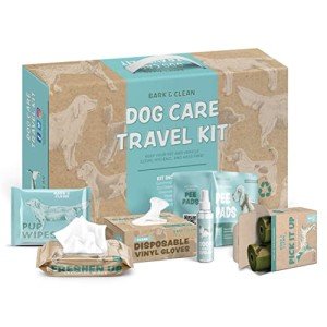 Dog Travel Cleaning Kit and Accessories - Dog Road Trip Essentials - Includes Grooming Wet Wipes and Dry Wipes, Poop Bag, Odor Spray, Pee Pads, and Gloves - Dog Mom Gifts for Women
