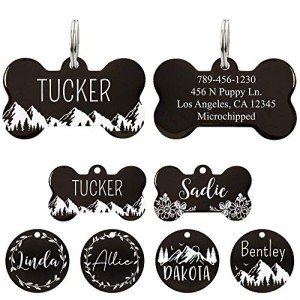 Ultra Joys Stainless Steel Pet ID Tag, Personalized Front and Back Engraving, Customized Dog Tags and Cat Tags, Bone Tag with Mountain Design, Large, Black