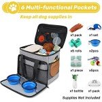 Abrimelodi 6 Set Dog Travel Bag, Large Pet Travel Kit for Supplies Includes 2 Food Containers, 1 Travel Organizer for Dogs, 2 Collapsible Bowls, 1 Treat Pouch, Dog Weekend Overnight Travel Bag Luggage