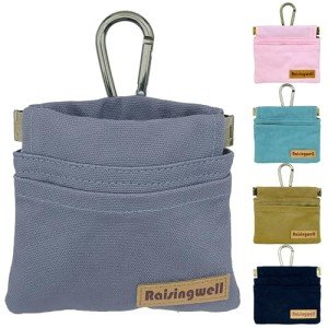 Raisingwell Dog Treat Pouch, Small Cotton Pocket Sized Training Holder, Hand Free Walking Fanny Bag with Carabiner, Self-Closing Pet Feed Snack Reward, Behavior Aids for Puppy Travel or Outdoor (Grey)