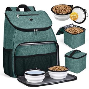 BAGLHER丨Dog Travel Bag, Airline Approved Pet Supplies Backpack, Dog Travel Backpack Accessories Set with 2 Silicone Collapsible Bowls and 2 Food Baskets. Green