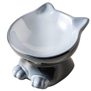 Nihow Elevated Cat/Dog Bowls: 5 Inch Ceramic Raised Cat Food & Water Bowl Set for Protecting Pet's Spine - Feeding & Watering Supplies for Pets - Elegant Gray (4.5 OZ /1 PC)