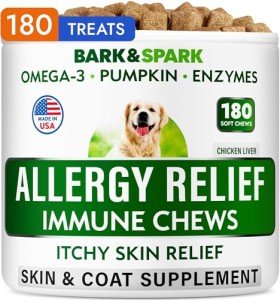 BARK&SPARK Dog Allergy Relief Chews (180 Immune Treats) - Anti-Itch Skin & Coat Supplement - Omega 3 Fish Oil - Dry & Itchy Skin Relief Treatment Pills - Itching, Paw Licking & Hot Spots