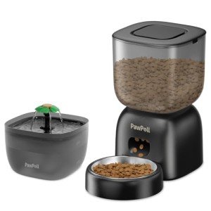 PawPoll Automatic Cat Feeder and Water Dispenser - Timed Pet Dry Food Dispenser Programmable Portion Control Pet Feeder Dual Power Supply Cats Food Dispenser with Desiccant Bag