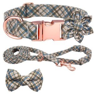 Hilkycton Plaid Dog Collar Leash Set with Bow Tie Adjustable Cute Puppy Collar with Durable Metal Buckle Girls Boys Dog Collar for Small Medium Large Dogs Vintage-XS