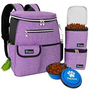 PetAmi Dog Travel Bag Backpack, Airline Approved Dog Bags for Traveling, Puppy Diaper Bag Supplies, Pet Camping Essentials Hiking Accessories Dog Mom Gift, Food Container, Collapsible Bowls, Purple