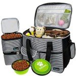 PetAmi Dog Travel Bag - Organizer with Food Container, Bowls & Accessories for Weekend Camping, Cat Diaper Bag (Stripe Black, Large)