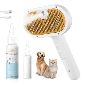 Pet Steam Brush for Dog & Cat – 3-in-1 Spray Hair Removal Comb – Steam for Shedding & Grooming – Water Brush for Long & Short Haired Pets – Spritz Defur Comb – Includes Waterless Shampoo