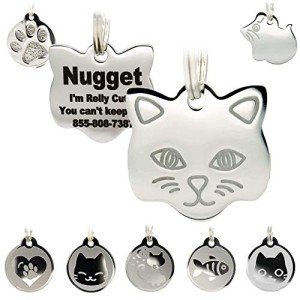 Stainless Steel Cat ID Tags - Engraved Personalized Tags with up to 4 Lines of Text, Cat Shape