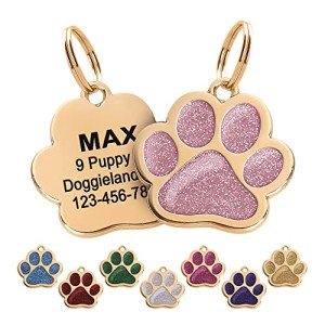 Paw Shape Dog ID Tag Stainless Steel Custom Laser Engraved, Cute Bling Glitter Pet Name Tags Personalized with Durable Engraving (Gold Sparkly Paw)