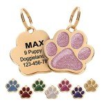 Paw Shape Dog ID Tag Stainless Steel Custom Laser Engraved, Cute Bling Glitter Pet Name Tags Personalized with Durable Engraving (Gold Sparkly Paw)