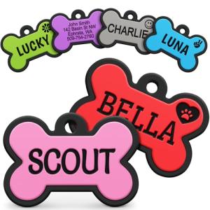 GoTags Silicone Dog Tags, Soundless Pet Tag, Personalized Silent Tag Engraved for Pets with Cute Custom Designs, for Dogs and Cats, (Bone, Pink)