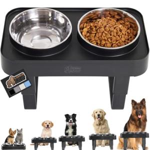 GORILLA GRIP Elevated Dog Bowls Stand, 6 Cup Stainless Steel Food Bowl Set of 2, 5 Height Adjustable Raised Feeding Station for Small Breed Puppy Dogs and Cats, Medium, Large Sized Pets Feeder, Black