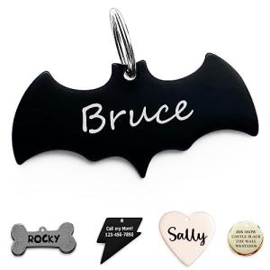 316 Surgical Grade Stainless Steel Personalized Dog & Cat ID Tags - Made with Three Thousand Love for Our Fur-Baby - Original Funny Shapes Bat, Engraved Name or Text for Pet Collar Accessories