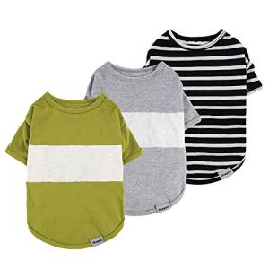 Fitwarm 3 Pack Color Block Striped Dog Shirt, Summer Dog Clothes for Small Dogs, Breathable Lightweight Pet Tshirt with Sleeves, Chihuahua Outfit, Oliver Green, Grey, Black, XS