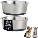 GORILLA GRIP Set of 2 Dog Bowls, Heavy Duty Metal Food and Water Bowl for Feeding Dogs and Cats, Dishwasher Safe, Rust Resistant Stainless Steel, BPA Free Rubber Base, Holds 2 Cups (16 fl oz), Gray