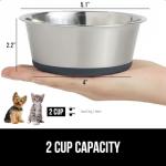 GORILLA GRIP Set of 2 Dog Bowls, Heavy Duty Metal Food and Water Bowl for Feeding Dogs and Cats, Dishwasher Safe, Rust Resistant Stainless Steel, BPA Free Rubber Base, Holds 2 Cups (16 fl oz), Gray