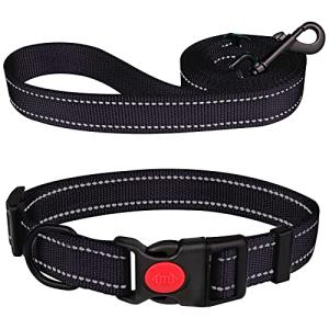 Reflective Dog Collar and Leash Set with Safety Locking Buckle Nylon Pet Collars Adjustable for Small Medium Large Dogs 3 Sizes(Black&S)