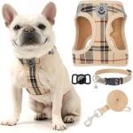 EXPAWLORER Plaid Small Dog Harness and Leash Set with AirTag Holder - Soft Padded Step in Dog Vest Harness Medium Sized Dog, No Pull Reflective Puppy Harness, Collar and Leash for Walking, Khaki S