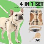 EXPAWLORER Plaid Small Dog Harness and Leash Set with AirTag Holder - Soft Padded Step in Dog Vest Harness Medium Sized Dog, No Pull Reflective Puppy Harness, Collar and Leash for Walking, Khaki S