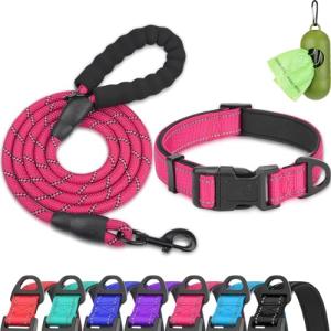 Dynmeow Reflective Dog Collar and Leash Set, 6FT Strong Climbing Rope Leash with Padded Handle, Adjustable Pet Collar with Soft Neoprene Padding for Medium Large Dogs, Hot-Pink, M