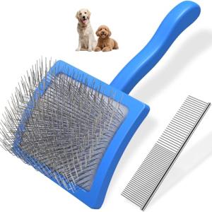 2PCS Slicker Brush for Dogs & Pet Comb,Professional Dog Grooming Brush (Goldendoodles,Poodles,Labradoodles) with Extra Long Pins to Effectively Remove Tangles, Knots and Mats (Blue Large)