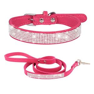 HimyBB Rhinestone Dog Collar + Leash Set for Small Pet Cat Puppy Collar Cute Dazzling Sparkling Velvet Leather Rose S