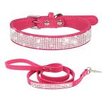 HimyBB Rhinestone Dog Collar + Leash Set for Small Pet Cat Puppy Collar Cute Dazzling Sparkling Velvet Leather Rose S