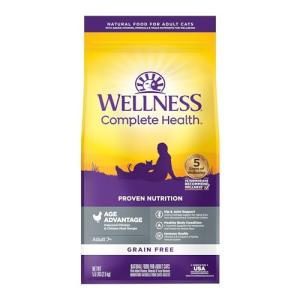 Wellness Complete Health Senior Dry Cat Food for Indoor and Outdoor Cats, Grain-Free, Natural, Age Advantage Chicken & Chicken Meal (5 Pound Bag)