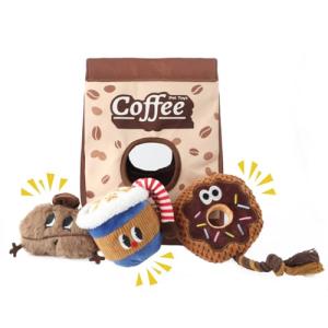 Grnstf Squeaky Dog Toys Coffee Bag Set - Chew-Proof 4-in-1 Hide & Seek Tug Plush Toy with 3 Chew Toys (Bean/Cup/Donut) to Keep Them Busy, Best Birthday Gift for Small Medium Large Dogs