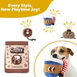 Grnstf Squeaky Dog Toys Coffee Bag Set - Chew-Proof 4-in-1 Hide & Seek Tug Plush Toy with 3 Chew Toys (Bean/Cup/Donut) to Keep Them Busy, Best Birthday Gift for Small Medium Large Dogs