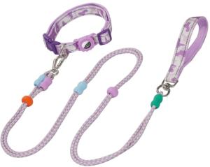 JSXD Dog Leash and Collar Set with AirTag Holder for Small Medium Large Dogs,5 FT Double Rope Leashes with Adjustable Reflective Soft Padded Nylon Pet Collars (Purple, Small)