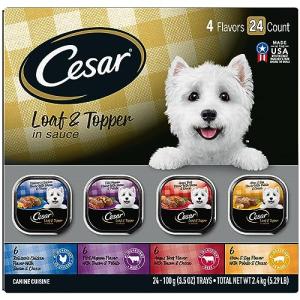Cesar Wet Dog Food Loaf in Sauce Rotisserie Chicken, Filet Mignon, Angus Beef, and Ham & Egg Flavors Variety Pack, 3.5 oz. Easy Peel Trays (24 Count, Pack of 1)
