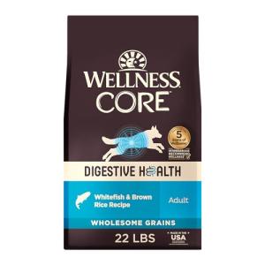 Wellness CORE Digestive Health Dry Dog Food, Wholesome Grains, Natural, Recipe for Dogs with Sensitive Stomachs, Whitefish & Brown Rice, (22-Pound Bag)