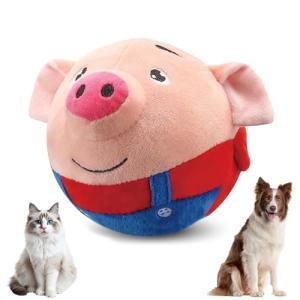 Jiexily Active Moving Pet Plush Toy, 2025 New Squeaky Moving Dog Ball Toy Interactive Puppy Toys, Rechargeable Cartoon Plush Bounce Talking Toys to Keep Them Busy (Red Pig)