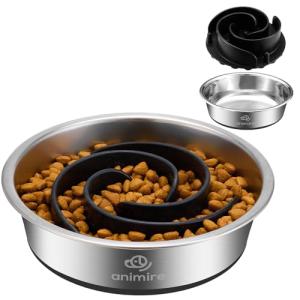 2-in-1 Metal Dog Bowl with Slow Feeder Insert, Stainless Steel Dog Bowls Food Grade 304, Water Food Bowl with Anti-Slip Silicone Base for Small, Medium, Large Dogs