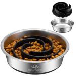 2-in-1 Metal Dog Bowl with Slow Feeder Insert, Stainless Steel Dog Bowls Food Grade 304, Water Food Bowl with Anti-Slip Silicone Base for Small, Medium, Large Dogs