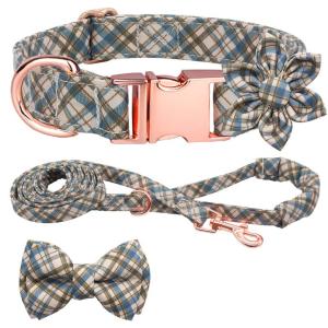 Hilkycton Plaid Dog Collar Leash Set with Bow Tie Adjustable Cute Puppy Collar with Durable Metal Buckle Girls Boys Dog Collar for Small Medium Large Dogs Vintage-M