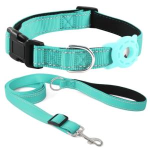 Kuley AirTag Dog Collar and Reflective Leash Set Bundle with Airtag Holder Case,Adjustable Padded Nylon Pet Collar for Small Medium Large Dogs(Teal, Extra-Small)