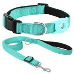 Kuley AirTag Dog Collar and Reflective Leash Set Bundle with Airtag Holder Case,Adjustable Padded Nylon Pet Collar for Small Medium Large Dogs(Teal, Extra-Small)