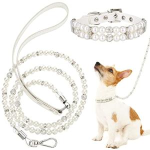 Weewooday 2 Pcs Dog Wedding Collar with Leash Pearl Necklace Collar and Beaded Leash with Lockable Hooks and 2 Rows of Pearls Adjustable for Pet Cat Bridal(Medium)