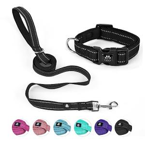 NESTROAD Reflective Dog Collar and Leash Set,Soft Neoprene Pet Collar with Quick Release Buckle,Adjustable Nylon Dog Collars for Small Medium Large Dogs(Small Collar + 5FT Leash,Black)