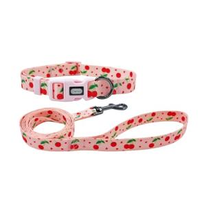 Olahibi Dog Collar Leash Set, Fruit Pattern, Polyester Material, Adjustable Collar and 5ft Matching Leash, for Medium Dogs.(M, Pink Cherry)