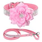 PET ARTIST Rhinestone Dog Collar and Leash Set, Sparkling Girl Dog Collars with Bling Diamonds, Soft Suede Leather Pink Puppy Collars with Cute Flower for Small Dogs Cats Walking Party Wedding,XS
